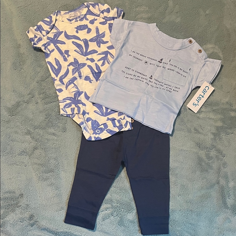 Carter's 3 Piece Nautical Set Bodysuit, Light Blue Tee & Navy Leggings